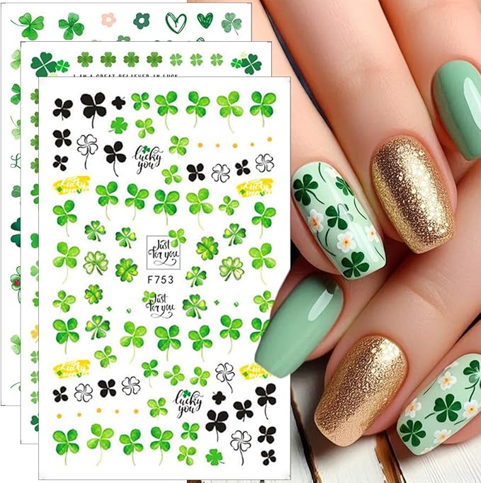 6 Sheets St. Patrick's Day Nail Art Stickers 3D Self-Adhesive Green Shamrock Nail Decals Clover Nail Stickers Luck Leaf of Irish Nails Designs St. Patrick's Day Nails Supplies for Women Manicure DIY