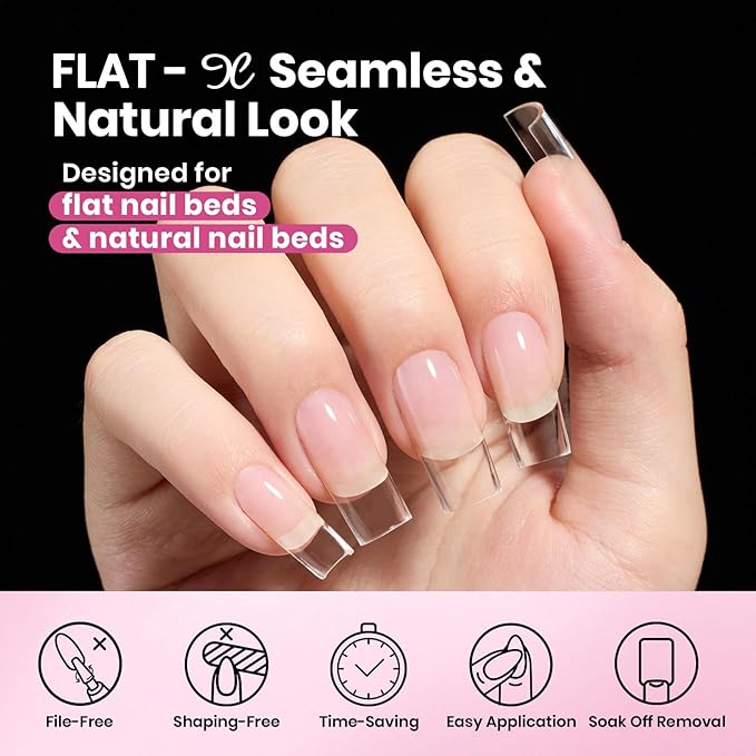 Beetles Gel Nail Tips Flat-X - Almond Square Medium, 320pcs 16 Sizes, Pre-Etched Half Matte Full Cover Soft Acrylic Press on Easy DIY False Nail Extension Salon for Flat & Natural Nail Beds