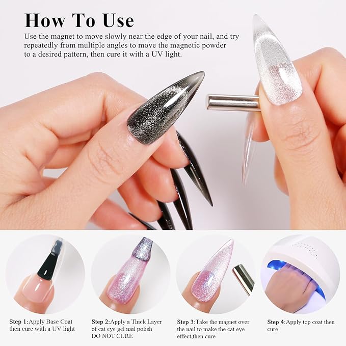 Imtiti Cat Eye Gel Nail Polish, 15ML Black Holographic Glitter Cat Eye Magnetic Gel Polish with Magnet UV LED Crystal Galaxy Sparkly Home DIY Manicure Nail Salon Kit
