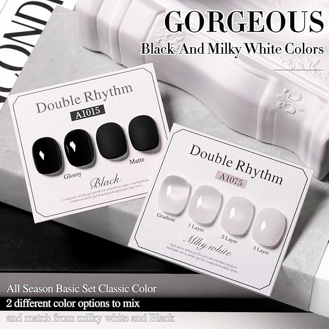 Double Rhythm 2 Pcs 15ml UV Gel Polish Set Pure White And Black Color Gel Nail Polish Kit Nail Art Salon DIY (Black and Milky White-A1015+A1075)