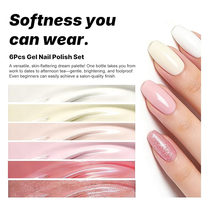JR Gel Nail Polish Set, 16ml Full Size Bottle 6 Colors Milk White Pink 9D Cateye Glitter Nail Gel Polish Gift Soak Off Led Nail Art Kit Salon DIY Colorful Bottle A