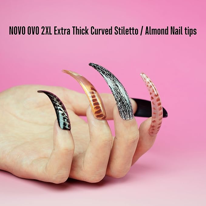 NOVO OVO Halloween XXL Curved Almond Stiletto Nail Tips Press on Full Cover, Soft Gel Extra Thick Long Acrylic Hawk Curve Fake Nails Extension Kit, Clear Pre-etched French False Nail 12 Sizes 300 Pcs