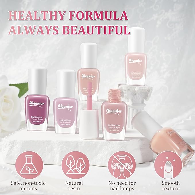 Nude Nail Polish Set, Quick Dry Fingernail Polish 6 Classic Nude Colors Collection, Nude Pink, No UV Light Needed, Long Lasting for Nail Art Design at Home DIY