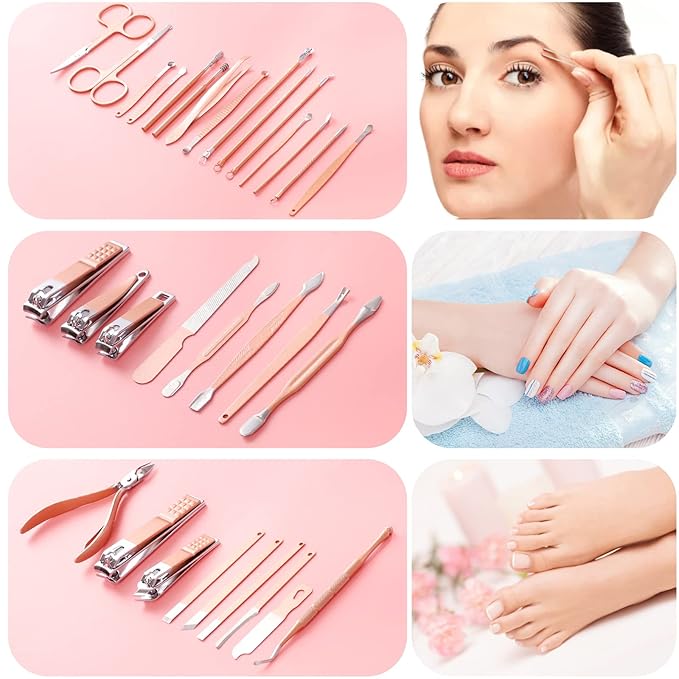 Manicure Set Pedicure Kit Womens Nail Clippers Set 32 in 1 Professional Grooming Care Tools Nail Kit Including Facial, Fingernails and Toenails Care with Travel Case Women (Rose Pink_32 in 1)