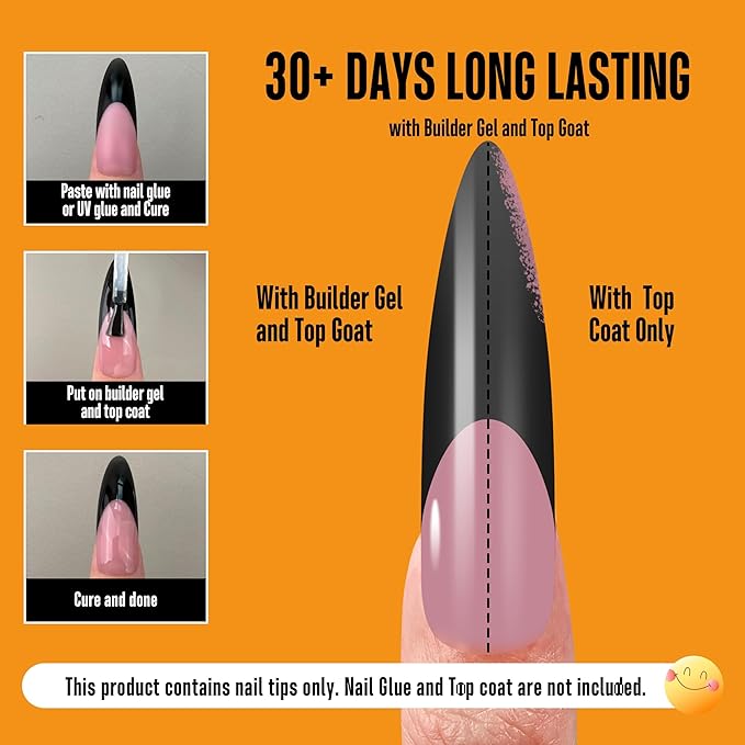 NOVO OVO Halloween Black XXL Curved Stiletto Almond French Tip Nail Tips Press on BERRY PINK, Full Cover Extra Thick Acrylic Hawk Curve Fake Extension Kit, No Nail Glue Included, 12 Sizes 144 pcs