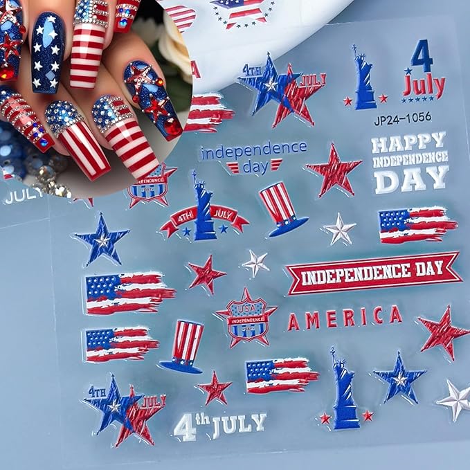 4th of July Nail Art Stickers Set 5D Embossed Red Blue USA Flag Nail Decals 4PCS Five-Pointed Star America UK Flags Design Independence Day Nail Adhesive Stickers for DIY Nail Art Decorations