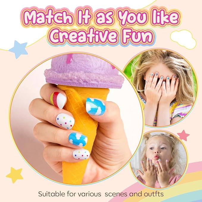 Modelones Press on Nails for Kids 144Pcs 6 Pack Children Acrylic Fake Nails Pre-glue Full Cover Glitter Gradient Color Cloud Heart Short False Nail Art Kits Sets Christmas Gifts for Kids Girls
