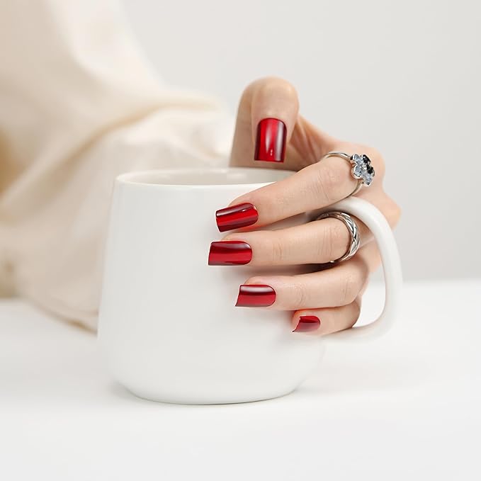Burgundy Press On Nails Square - Cat Eye Fake Gel Nails, Glossy Sparkle Long-Lasting Chip-Free for Date Night or Fall Nails, 24 Pcs in 12 Sizes with Glue, Adhesive Tabs, File, Prep Pad, Manicure Stick