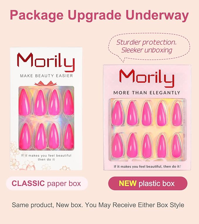 Morily 24Pcs Press on Nails Medium Hot Pink Fake Nails Stiletto Glossy False Nail Tips Artificial Full Cover Stick on Nails for Women