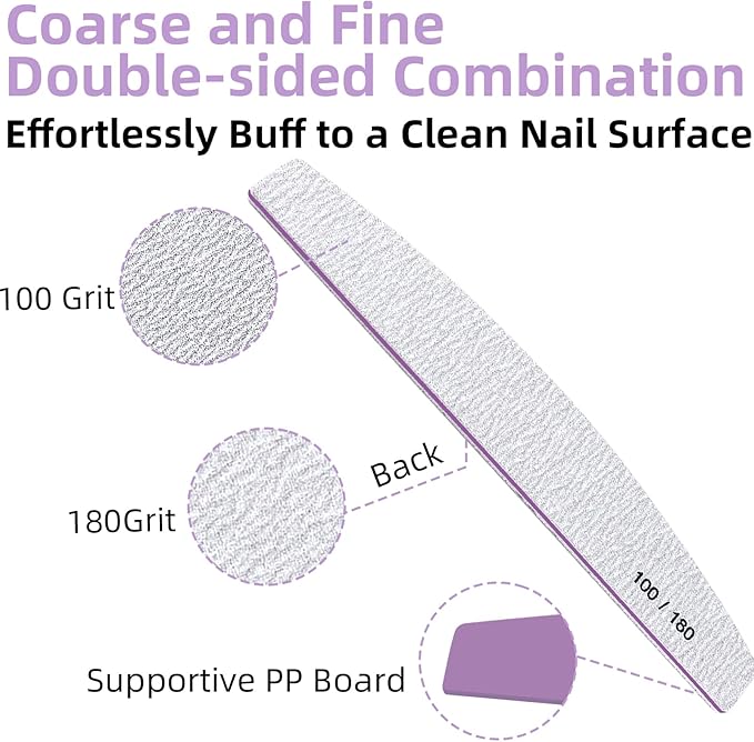 15Pcs Professional Nail Files, 100/180 Grit Double-Sided Buffer, Reusable Emery Boards for Natural/Acrylic Nails, Salon & Home Use (Grey)