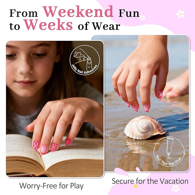16 Sizes Press on Nails Kit for Kids - 32 Pieces French Almond Fake Nail Tips for Girls 8-12 Years Old with Jelly Nail Adhesives & No-Lamp Nail Glue, Birthday Easter Gifts (Rose Pink Grid)