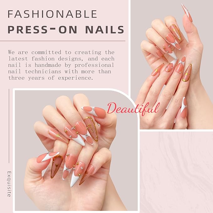 Luxury Long Stiletto Handmade Press-On Nails – Nude Almond Acrylic False Nails with 3D Rhinestones & White French False Nails – Reusable Nail Art(10PCS-M)