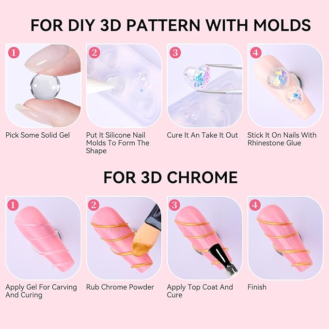 Makartt 3D Sculpting Gel Kit: 30g Clear 3D Nail Art Gel Non-Sticky Carving Molding Extension Builder Painting Solid Glues for DIY Manicure, Molding Hard Gels with Gold & Silver Chrome Powder