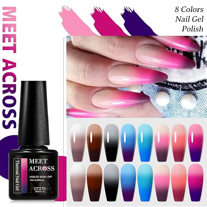 MEET ACROSS 8Pcs Color Changing Gel Nail Polish Set Fall Winter Nude Brown Grey Temperature Mood Changed Gel Polish Blue Pink Nail Art Design Gifts for Women Girls