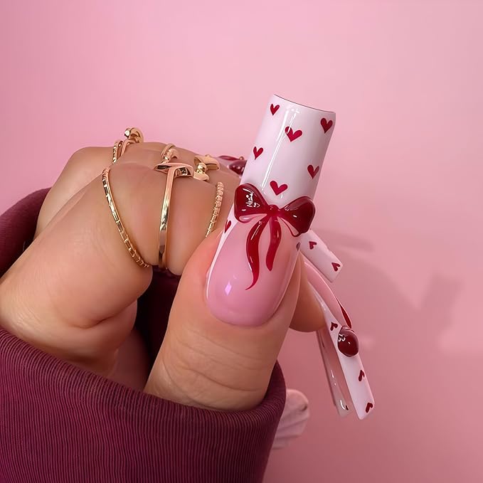 24Pcs Valentines Day Press on Nails Long Square Fake Nails Petite Red Heart False Nails with Cute Red Embossed Bow Designs White French Tips Nails Press ons Glossy Mini Heart Acrylic Nail for Women