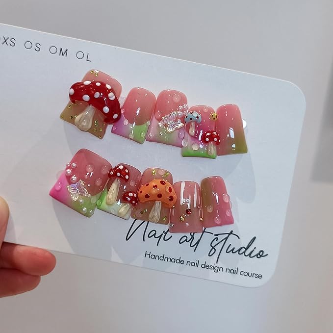Duckbill Coffin Ballerina Shape Fake Nails,Ombre French Tips Press on Nails 10 Pcs with Tool Kit,3D Butterfly Mushroom Embossed Design Glue on Nails with Pearl & Rhinestone Cute Fake Nails（S)