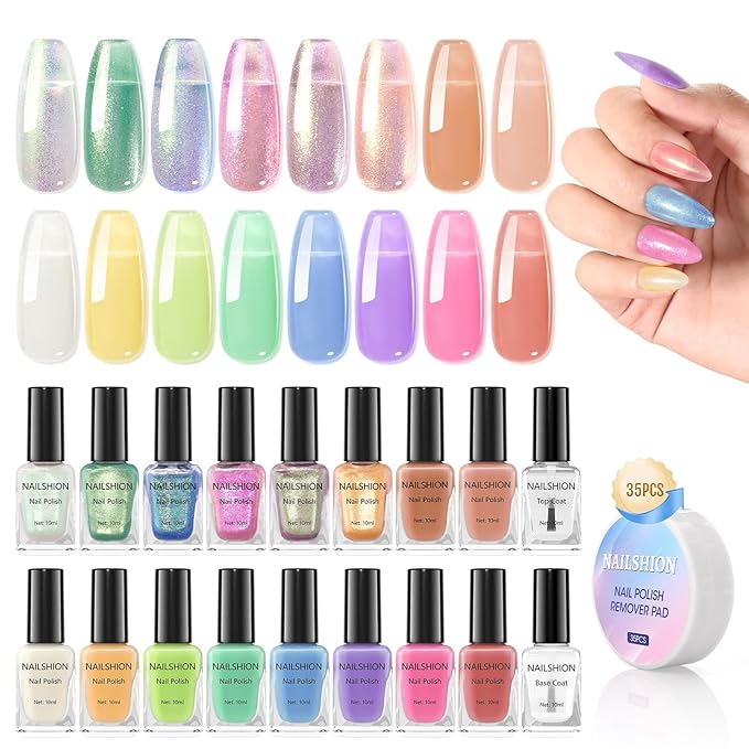 Quick Air Dry Nail Polish, 16 Colors Holographic Nude Peach Pink Blue Green Jelly Glitter Sparkle Regular Nail Polish with Clear Base Top Coat & Remover Pads, Hema-free, Non Gel,