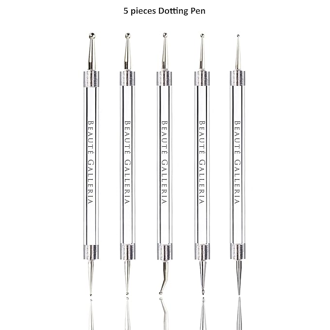 Beaute Galleria Bundle 50 Pieces Nail Art Tool Kit with Pouch - 5 Pieces Dotting Tool Marbleizing Pen (10 Sizes), 15 Pieces Acrylic Gel Detailing Painting Brushes Liners, 30 Pieces Striping Tapes