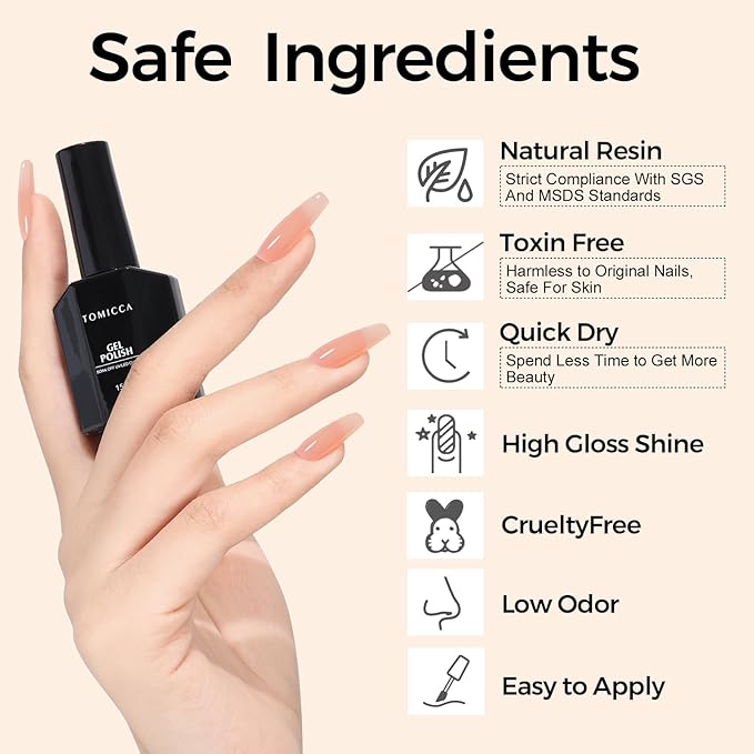 TOMICCA Nude Gel Nail Polish, 15ml Light Nude Gel Polish, Soak Off UV for Cure ， Jelly Color Long Lasting French Nail Art Manicure Salon