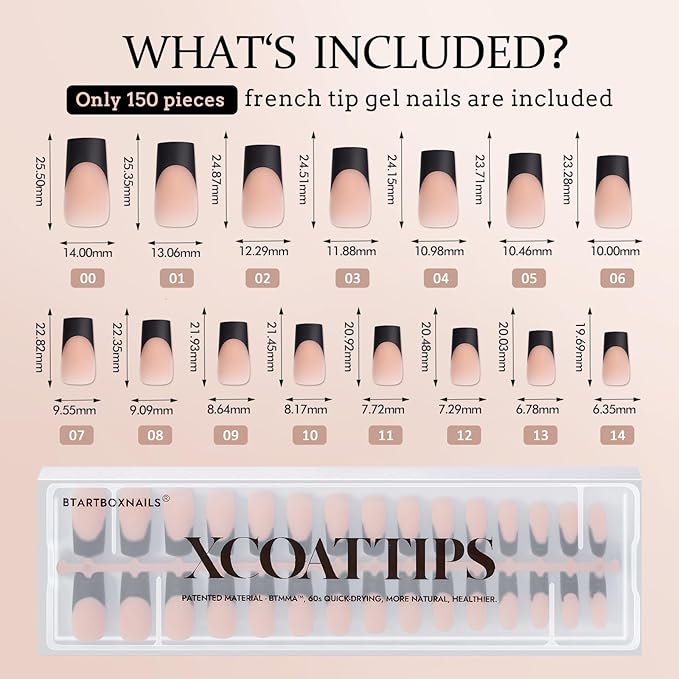 BTArtboxnails XCOATTIPS French Tip Nails - Long Press on Nails, Square Nail Tips Black, French Tip Press on Nails, Soft Gel False Nail Tips, Soak Off Acrylic Fake Nails