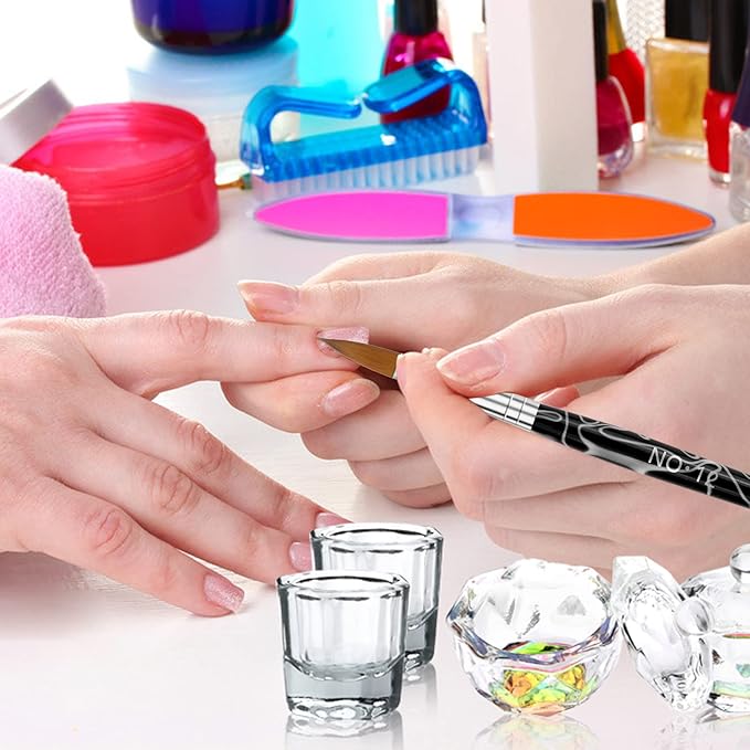 Acrylic Nail Brush Dappen Dish Set, 6PCS Nail Art Pen and 4PCS Crystal Dappen Dish, Manicure Bowl Cup Glass Container for Acrylic Liquid Nail Tool Kit (Black)