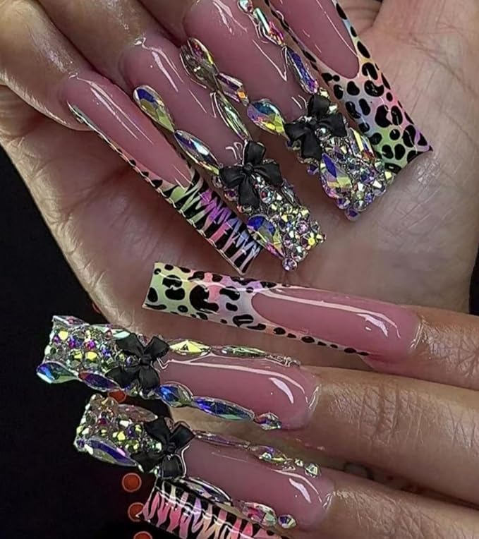 Press on Nails Square - Extra Long Fake Nails with 3D Rhinestones and Bows, Black Leopard French Tips Nude False Nail, Stick On Nails for Women, 12 Sizes - 24 Nail Kit, Sunset Spots