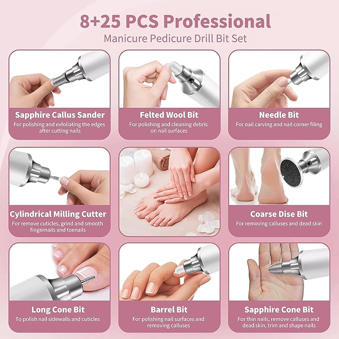 Electric Nail Drill Kit, Cordless Manicure Pedicure Kit with Memory Modes, 15 Speed Portable Nail Drill Machine, Callus Remover with 25Pcs Sandpaper Discs,Hand Foot Care Tool for Thick Nail Toenail