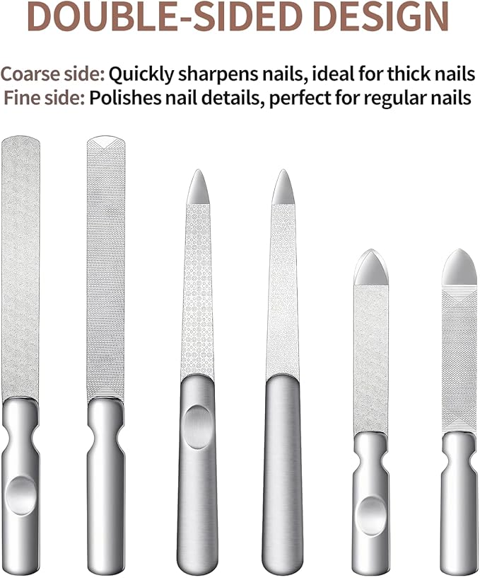 Metal Nail File (3 Pcs), Nail Files for Natural Nails & Toenails, Thick Nails Made of Stainless Steel, Double Sided Metal Nail Files with Anti-Slip Handle for Fingernail Toenail, Home or Salon Use
