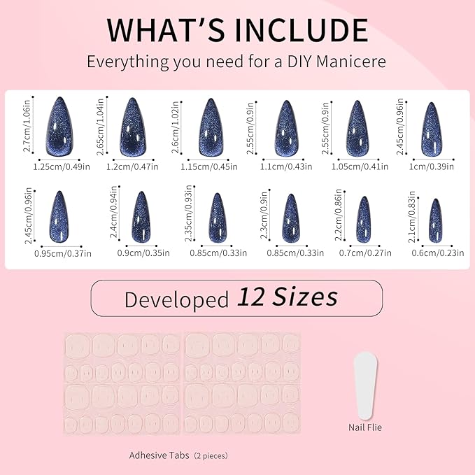 Sea Blue Almond Cat Eyes Press On Nails,12 Sizes - 24 Pcs Soft Gel Blue Medium Fake Nails Kit with Nail Glue, Natural Reusable Stick On False Nails for Women and Girls SK1007