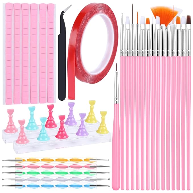 Nail Art Stand Tools Kit: 15 Pcs Nail Brush 5 Pcs 2-way Dotting Tool 2x Holder for Painting Nails and Press ons 96x Reusable Adhesive Putty and Tweezer Design Supplies Set for Women Salon Home