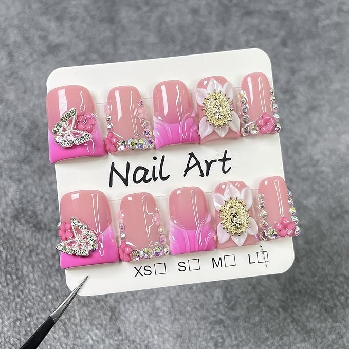 Luxury Handmade Press on Nails 3D Unique Flower Fake Nails Pink French Tip False Nail with Butterfly Rhinestone Designs Short Duck Muti-Layer Gel Acrylic Nail Full Cover Stick on Nails for Women（M)