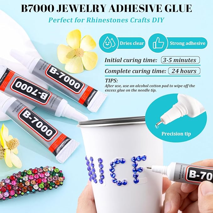 6100Pcs Royal Blue Rhinestones for Crafting with 2Pcs 10ml B7000 Jewelry Glue, 1 Box Flatback Crystals Diamond for Bedazzling Crafts DIY Nail Art Resin Gems for Clothing Shoes
