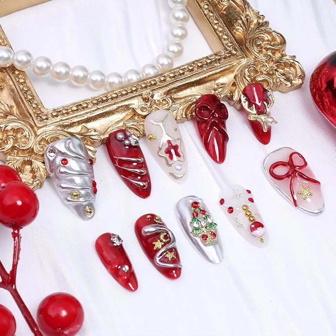 10Pcs Christmas Handmade Press on Nails Medium Almond Fake Nails Red Silver Y2k False Nails with Elk Xmas Trees Gems Design 3D Bow Star Stick on Nails Winter Glitter Full Cover Glue on Nail for Women