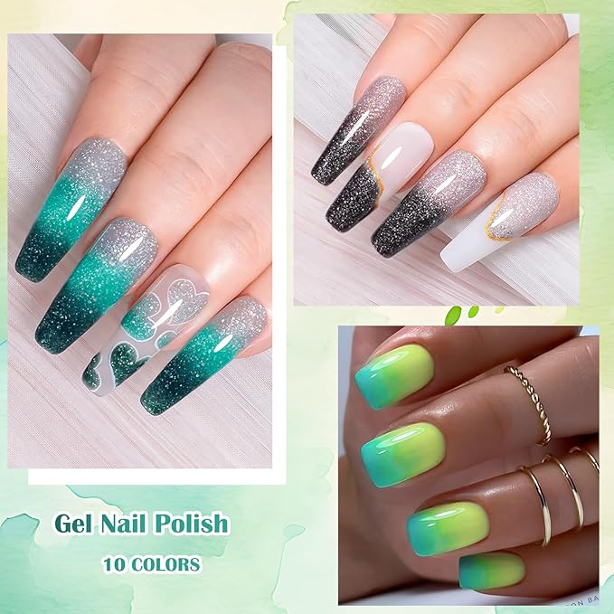 MEET ACROSS 12 PCS Color Changing Gel Nail Polish Kit Glitter Temperature Mood Changing Blue Purple Gray Color Changed Gel Soak Off Nail Art Design Kit Manicure at Home