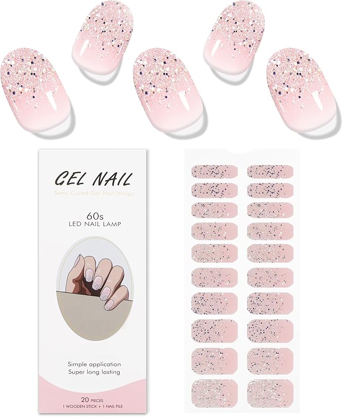 JMEOWIO Gel Nail Stickers Glitter Light Pink Cured Gel Nail Strips Wraps UV/LED Nails Art Design Decoration Accessories