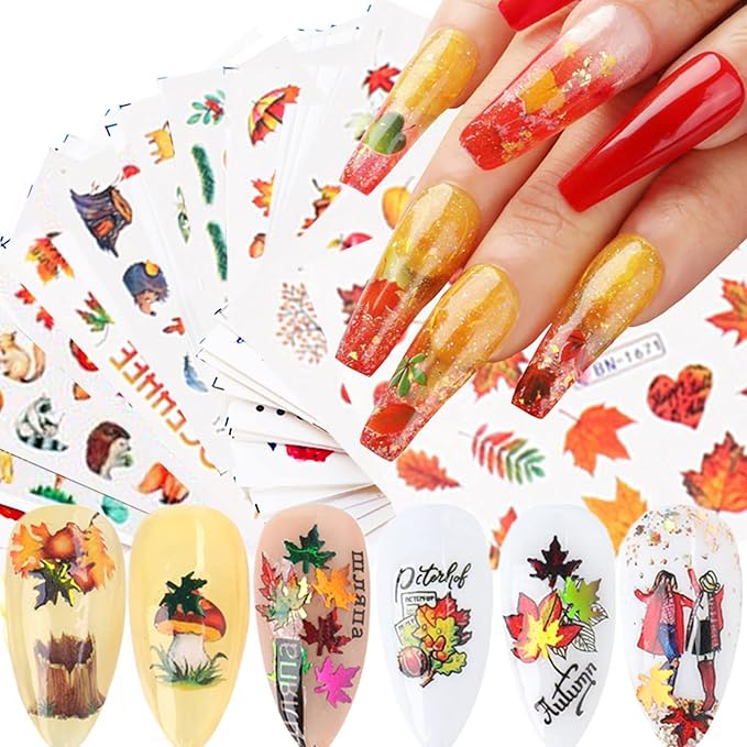 24 Sheets Fall Nail Art Decals, Holographic Autumn Leaf Water Transfer Decal Design, Maple Leaf Little Animals Nail Art Sticker for Women Girls Manicure Charms Decorations, Thanksgiving Nail Sticker