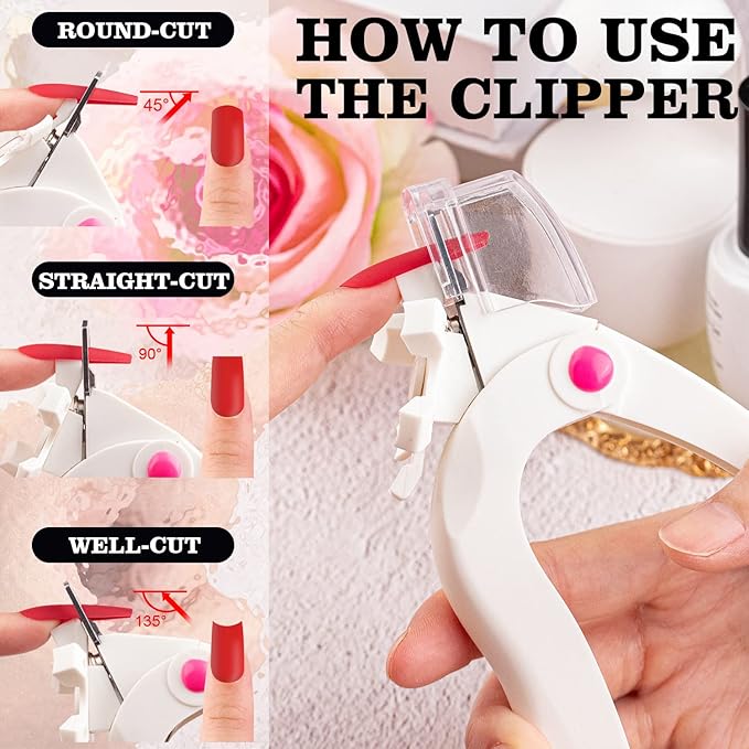 Belleboost Adjustable Acrylic Nail Clippers with Sizer and Catcher, White Professional Dial Stainless Steel Blade Nail Tips Cutter, Artificial Fake Nail Trimmer, Manicure Tool for Salon Home Nail Art