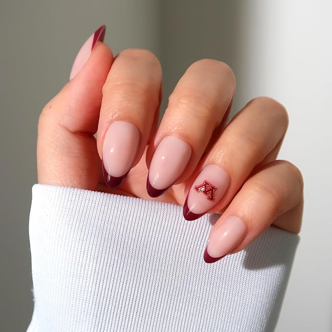 Glamnetic x Fanatics Press On Nails - Minnesota Golden Gophers | Short Almond Fake Nails, Collegiate Gophers Maroon French Tips, College Nails, Salon-Quality | 15 Sizes - 30 Nail Kit with Glue