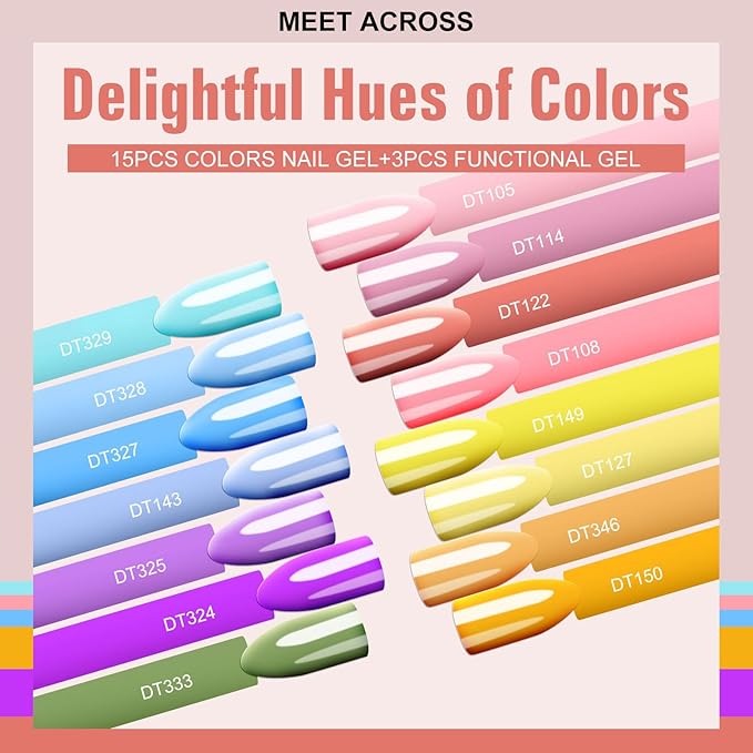 MEET ACROSS 18PCS Gel Nail Polish Set Nude Gel Polish Kit 15 Colors Pink Blue Yellow Orange Purple Green Nail Polish Kit Nail Art Manicure DIY Salon Home Women Gifts