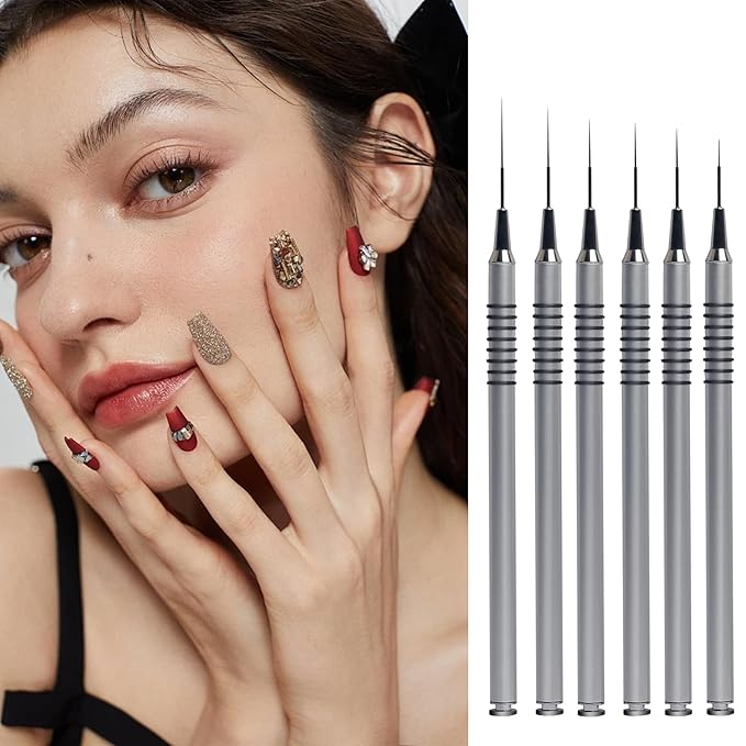 Nail Art Liner Brushes，6Pcs liner brush for nails gel Tiny Details, Fine Drawing, Delicate Coloring nail art liner brushes Sizes 5/7/9/11/20/25mm