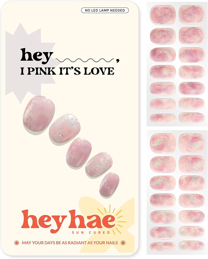 Heyhae Semi Cured Gel Nail Strips | No LED Lamp Needed | Glitter, Pink, Spring | Easy Apply & Remove, Salon Quality | Includes 28 Strips, 1 Prep Pads, Nail File & Wooden Stick - Hey, I Pink It’s Love