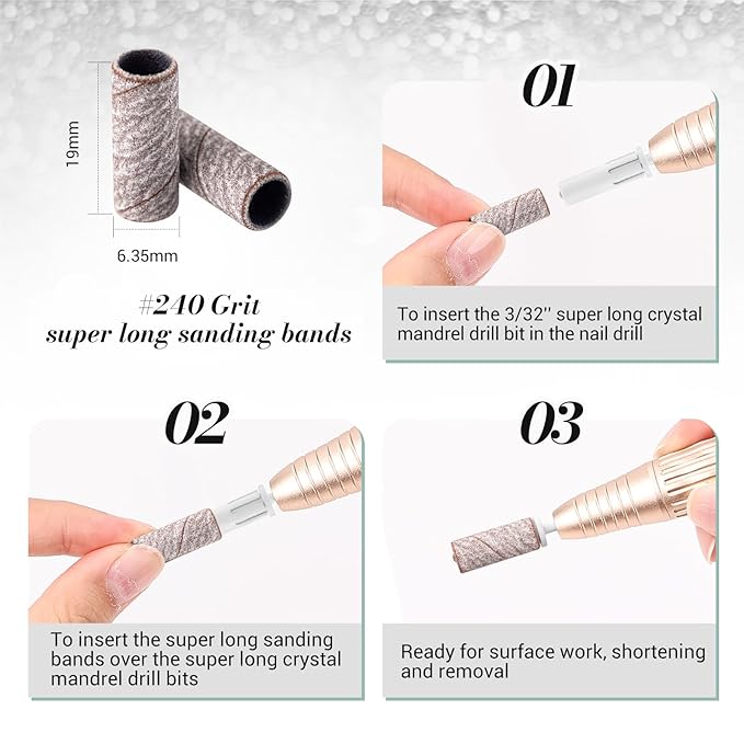 MelodySusie 50 Pcs Nail Drill Bits Super Long Sanding Bands with 6.65mm Crystal Mandrel Bit, 240 Extreme Fine Grit Nail File for Acrylic Nails Gel Manicures and Pedicure, Zebra
