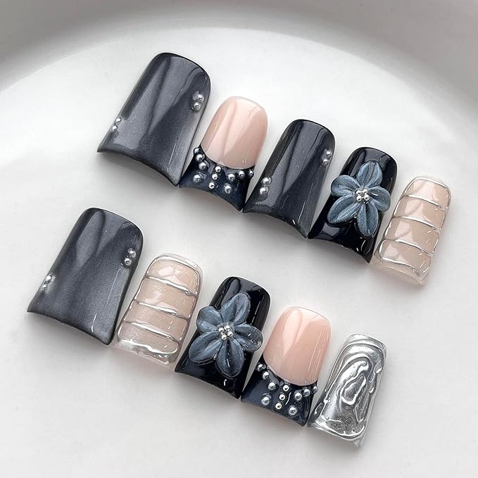 French Tip Press on Nails Handmade Short Duck 3D Flower Thick Acrylic Nails Black Sparkly False Nails with Pearls Silver Chrome Powder Designs Glossy Fake Nail Sturdy Art Press on Nail 10Pcs(S)
