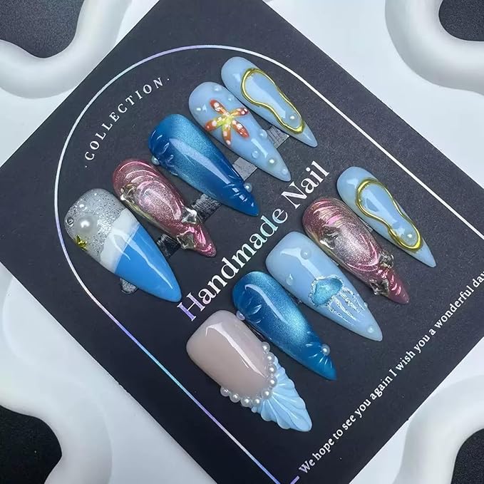 100% 5D Handmade Press on Nails with Charms Long Stiletto Nails Press ons Beach Ocean False Nails Ombre Blue Press on Nails Summer Fake Nails for Women Girls Daily Wear DIY Manicure Size L