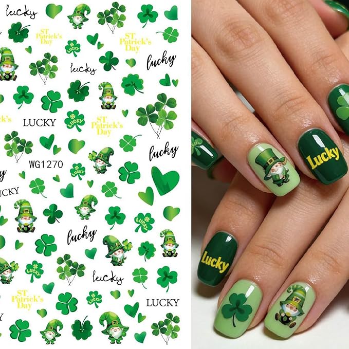 St Patricks Day Shamrock Nail Art Stickers Lucky Four-Leaf Clover Nail Decals Charms 3D Self-Adhesive St. Patrick's Day DIY Date Nail Supplies Decorations for Women Girls 10 Sheets