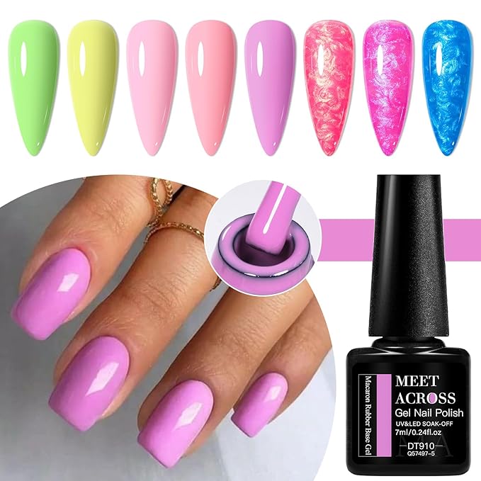 MEET ACROSS Builder Gel Nail Polish 12 Pcs Macaron Rubber Base Gel Polish 3 in 1 Pastel Pink Purple Green Strengthener Swirl Thread Effect Blue Red Soak Off U V Nail Art DIY