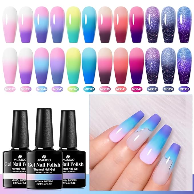 Color Changing Gel Nail Polish Set Temperature Mood Changed Glitter Blue Purple Nail Art Design Gifts for Women Girls 12Pcs*8ml