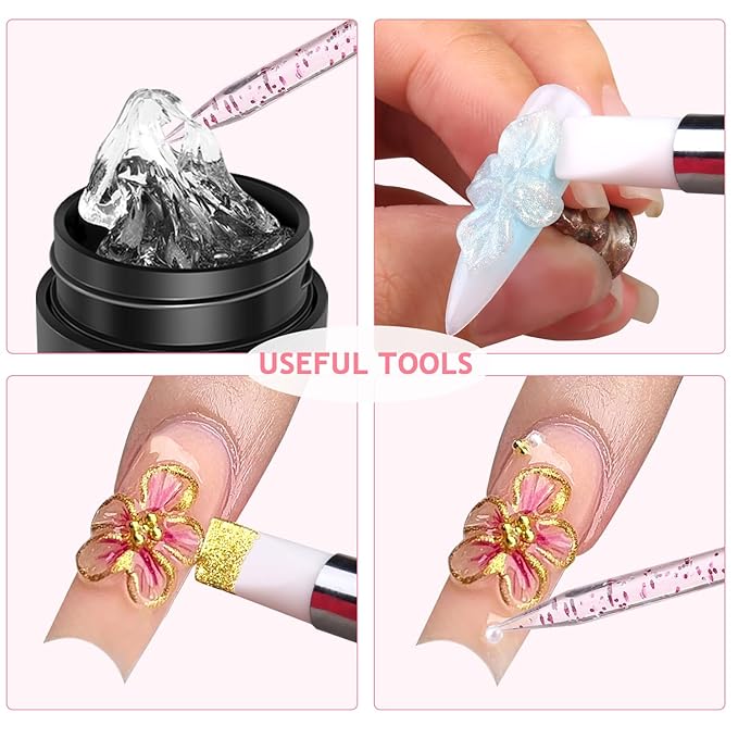 3D Sculpting Gel for Nail Art, 2PCS Clear & Black Solid Builder Kit, Non-Stick Molding Hard Gel with Silicone Carving Pen and Gold Chrome Nail Powder, Professional Nail Salon Supplies