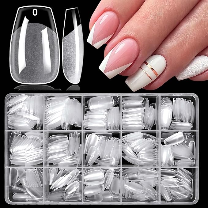 LoveOurHome 360pc Short Coffin Nail Tips Clear Fake Nails, Coffin Gel Nail Tips Full Cover Acrylic Nails Clear Press on Nails Short Ballerina False Nail 15 Sizes Fingernail for Gel Nail Extension