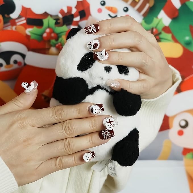 3D Snowman Press on Nails Short Coffin - 3D Embossed Burgundy Red and White Press-on Nails with Snowflakes, Necklace False Nails for Winter (Squeeze Snowman, M)